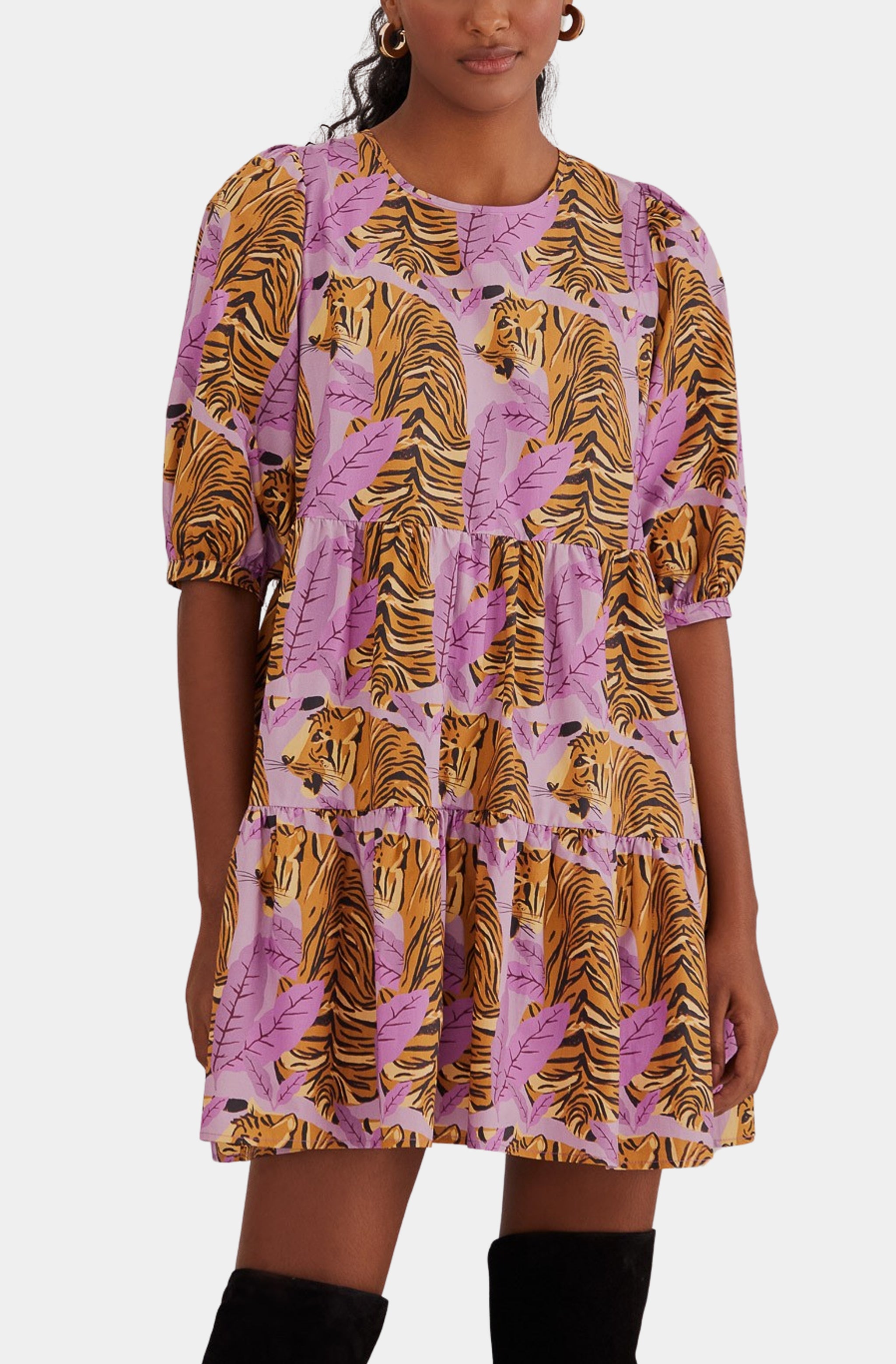 Tiger Leaves Lavander Puff Sleeve Mini Dress