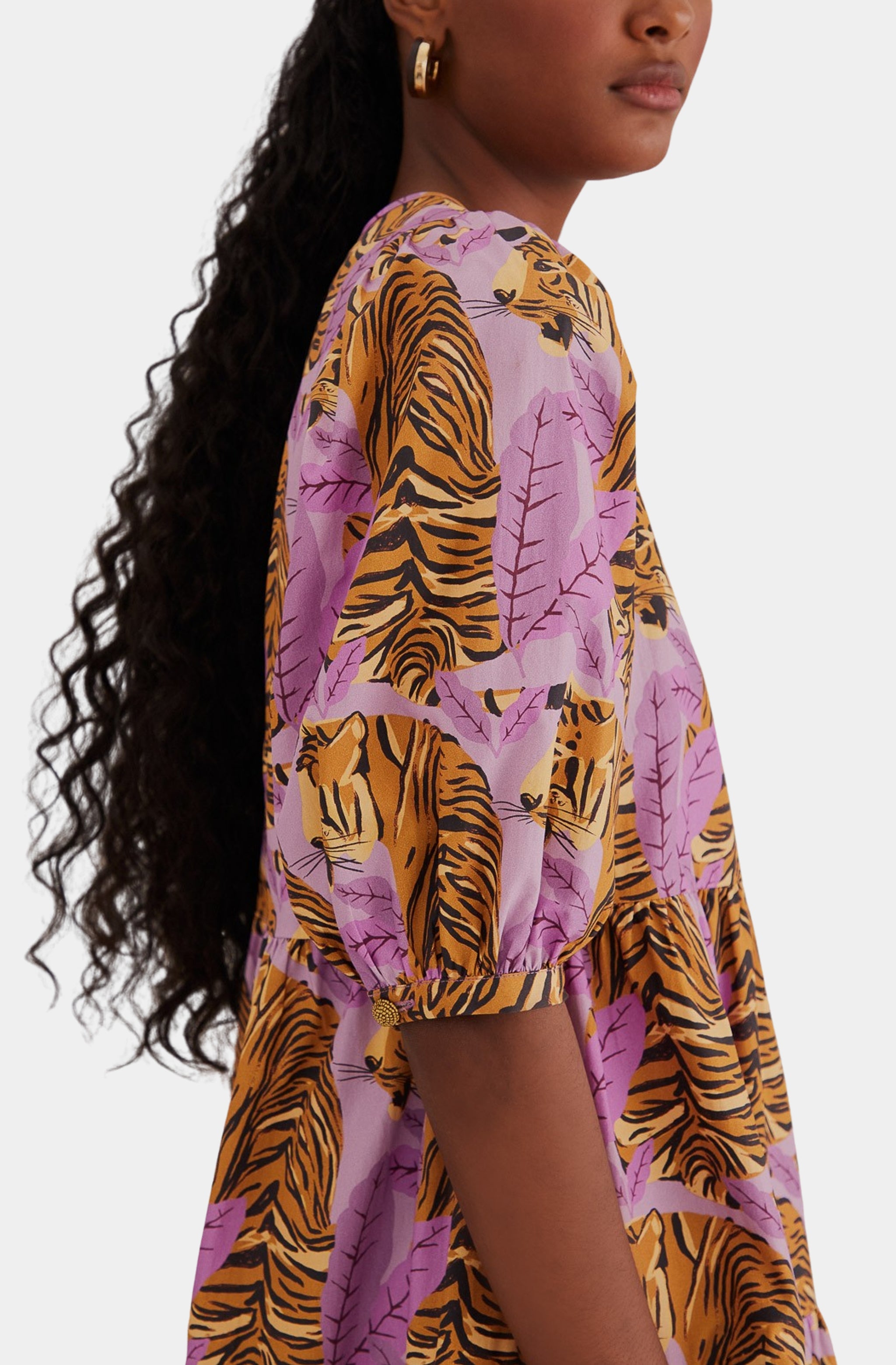 Tiger Leaves Lavander Puff Sleeve Mini Dress