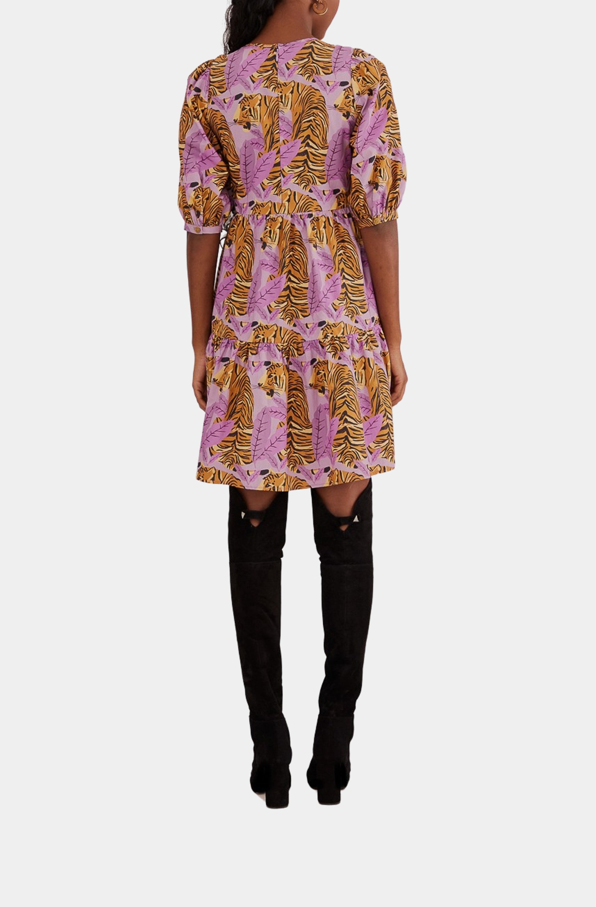 Tiger Leaves Lavander Puff Sleeve Mini Dress