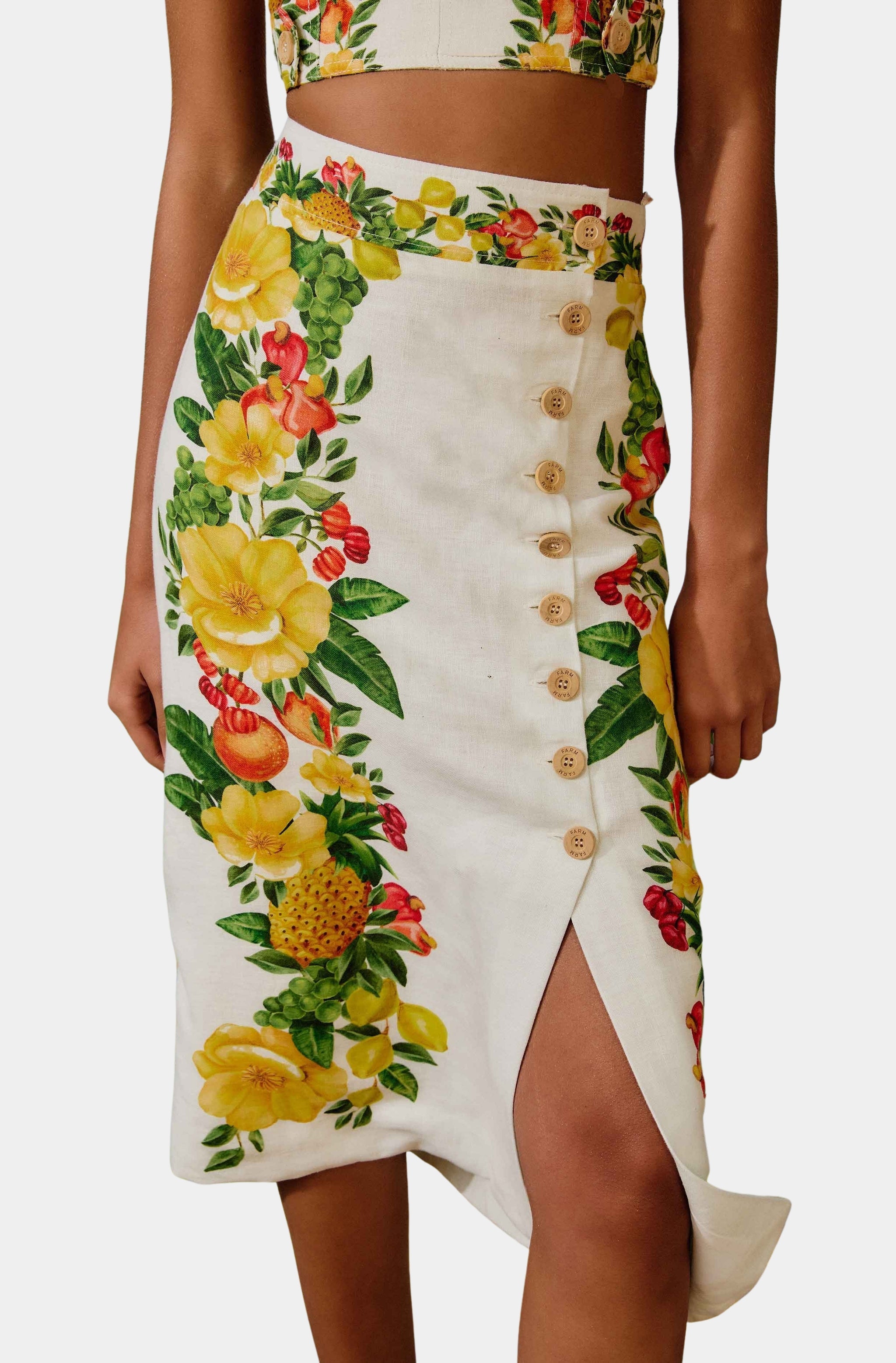 Picnic Flowers Off-White Buttoned Midi Skirt