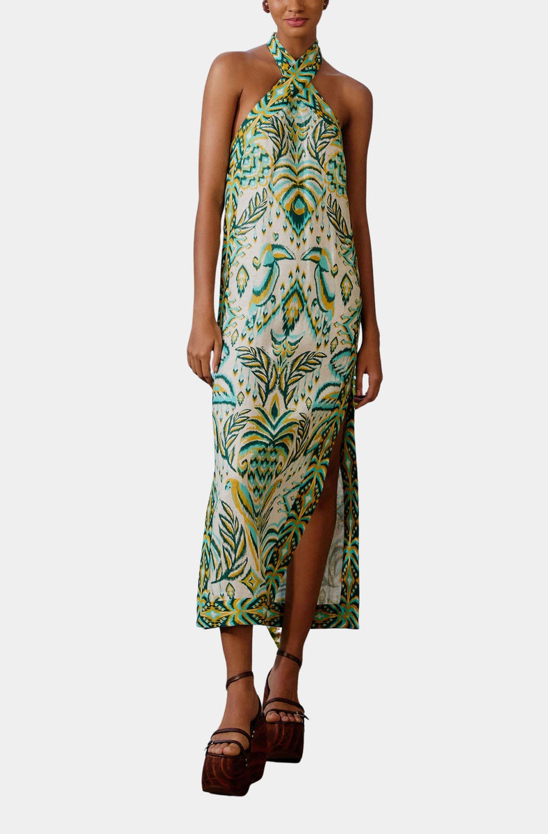 Tropical Tapestry Off-White Halter Neck Maxi Dress Hemline Heights Tropical Tapestry Off-White Halter Neck Maxi Dress Hemline Heights