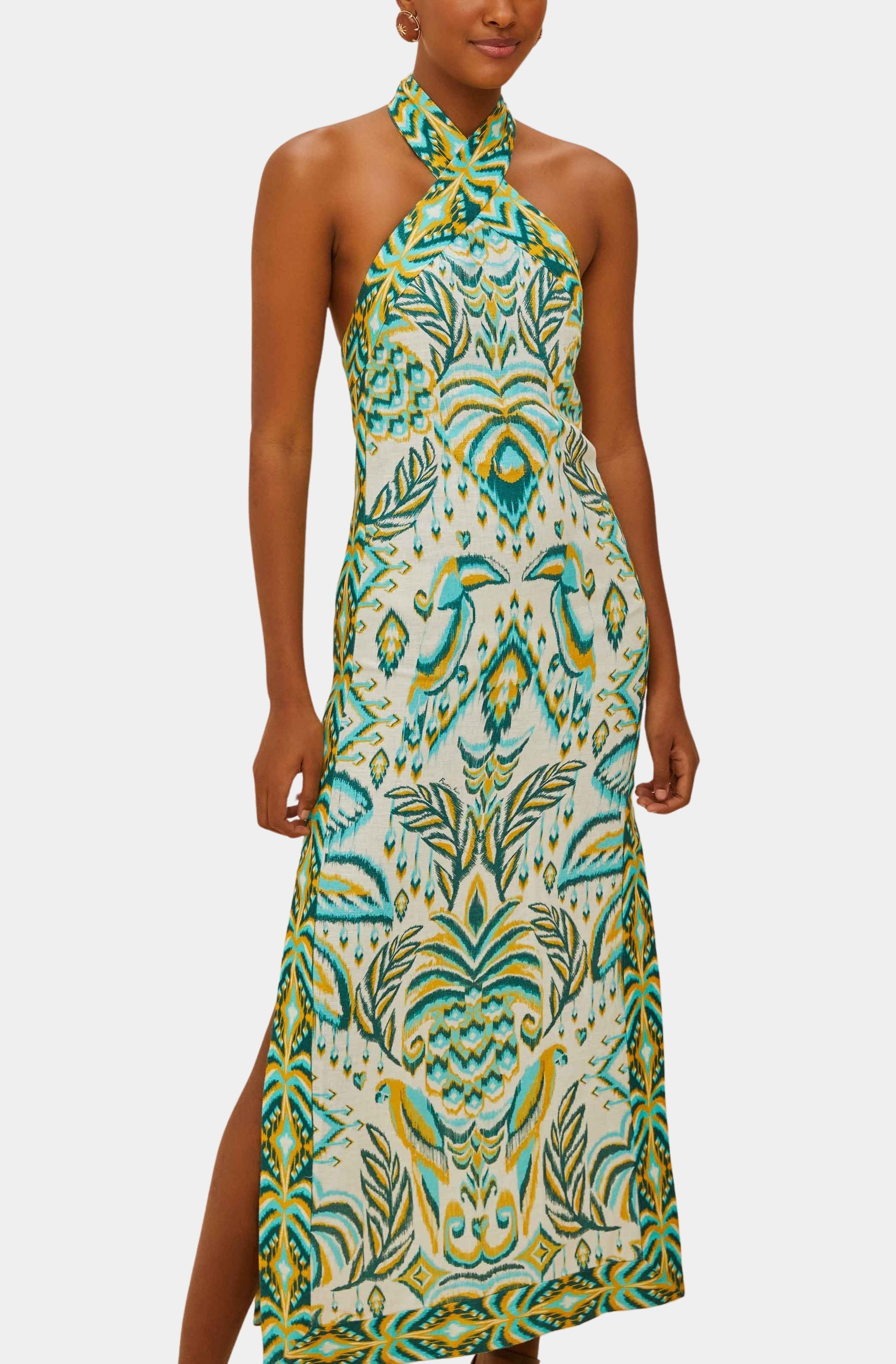 Tropical Tapestry Off-White Halter Neck Maxi Dress Hemline Heights Tropical Tapestry Off-White Halter Neck Maxi Dress Hemline Heights