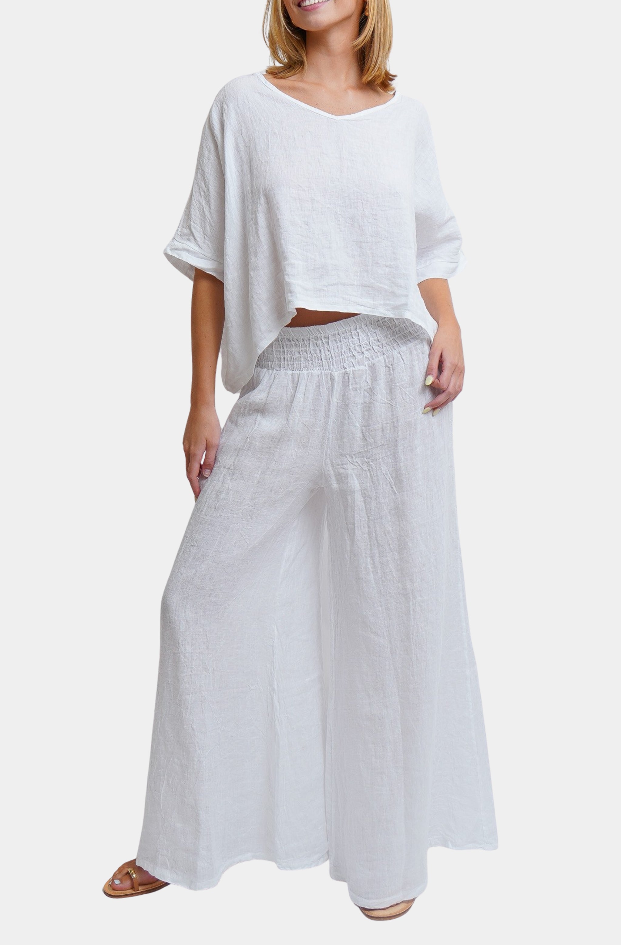 V-Neck Linen Dolman Sleeve Crop Top