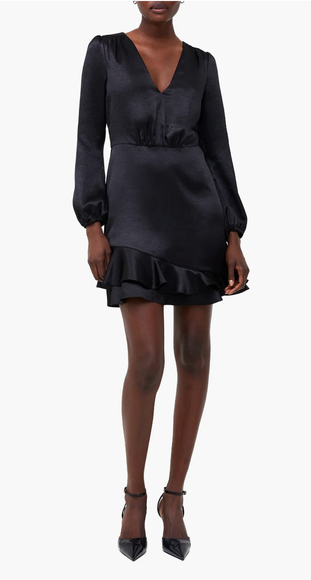 Denney Satin Long Sleeve V-Neck Dress