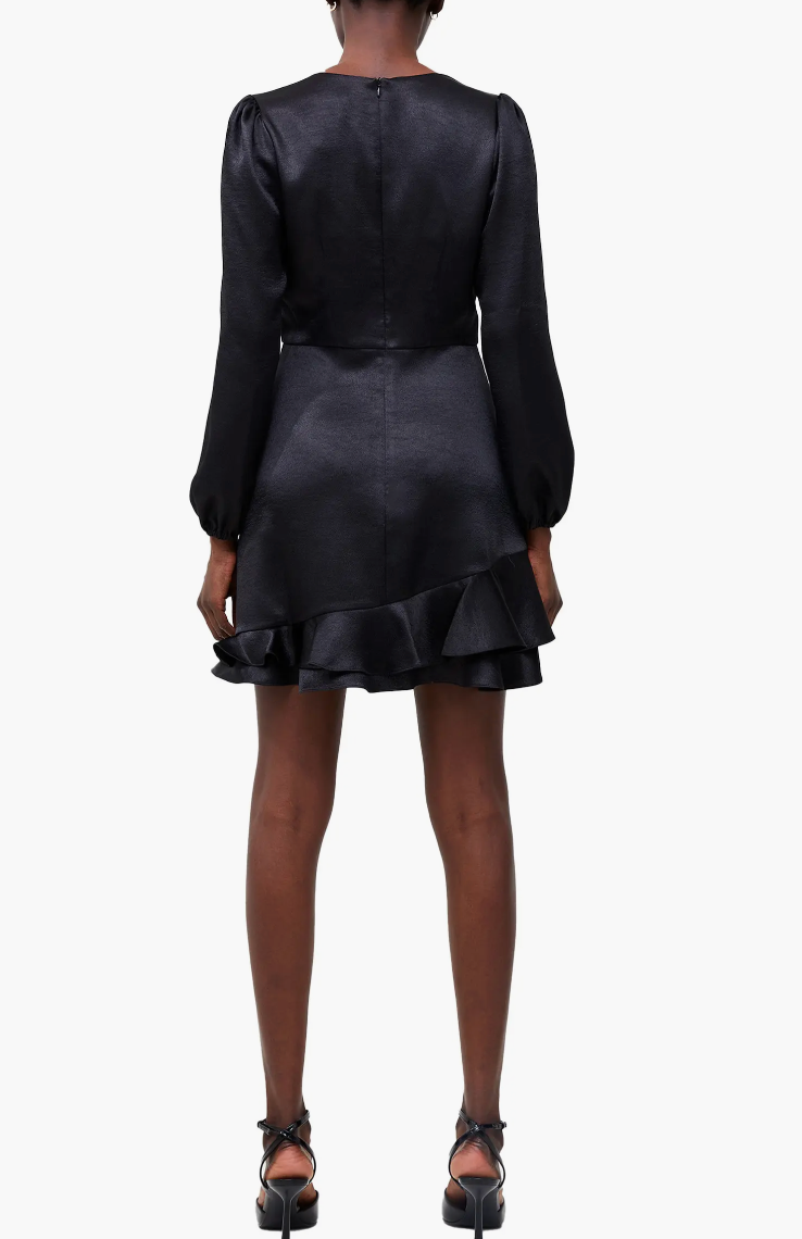 Denney Satin Long Sleeve V-Neck Dress