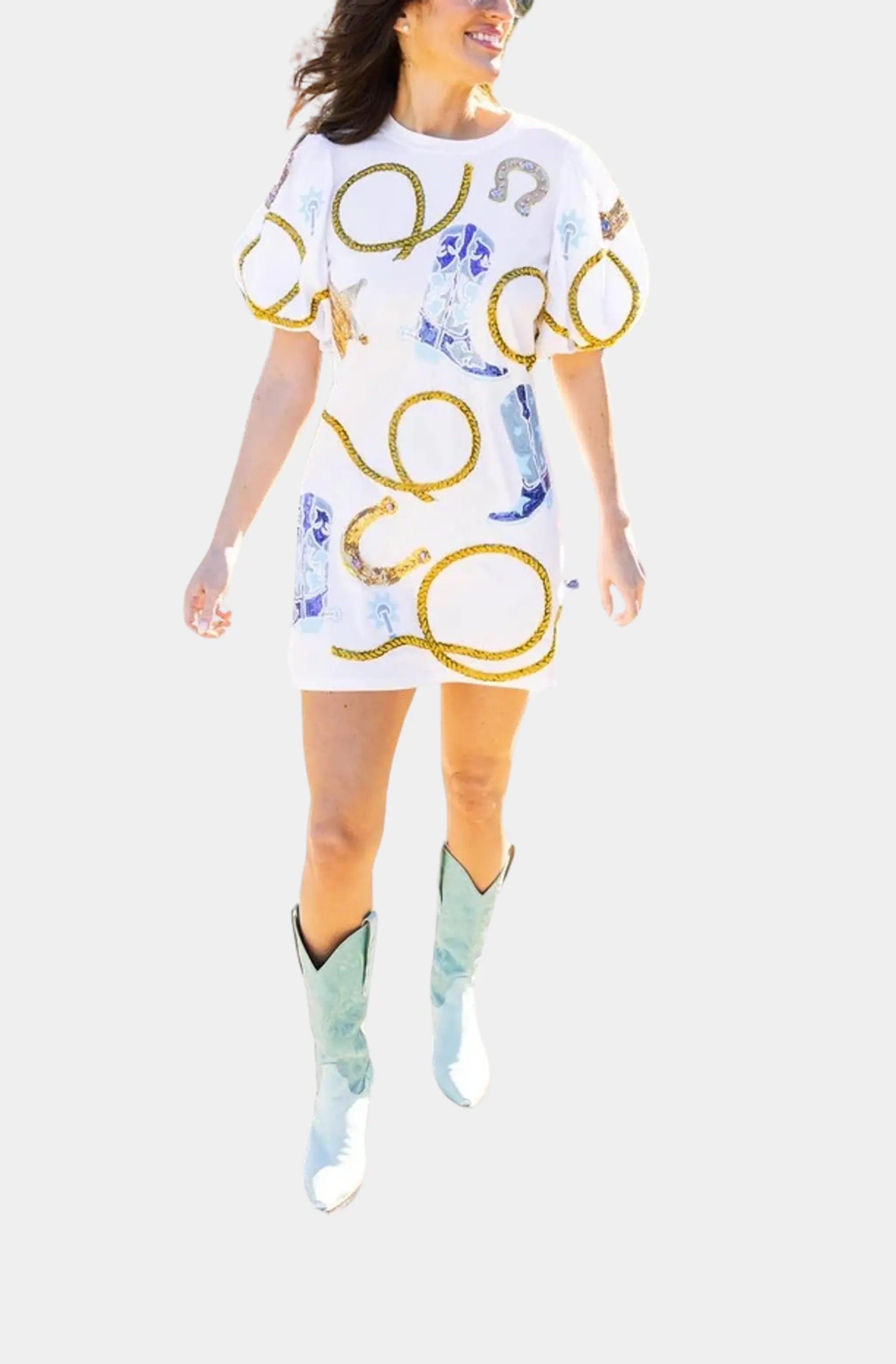 White Cowgirl Icon Poof Sleeve Mini Dress