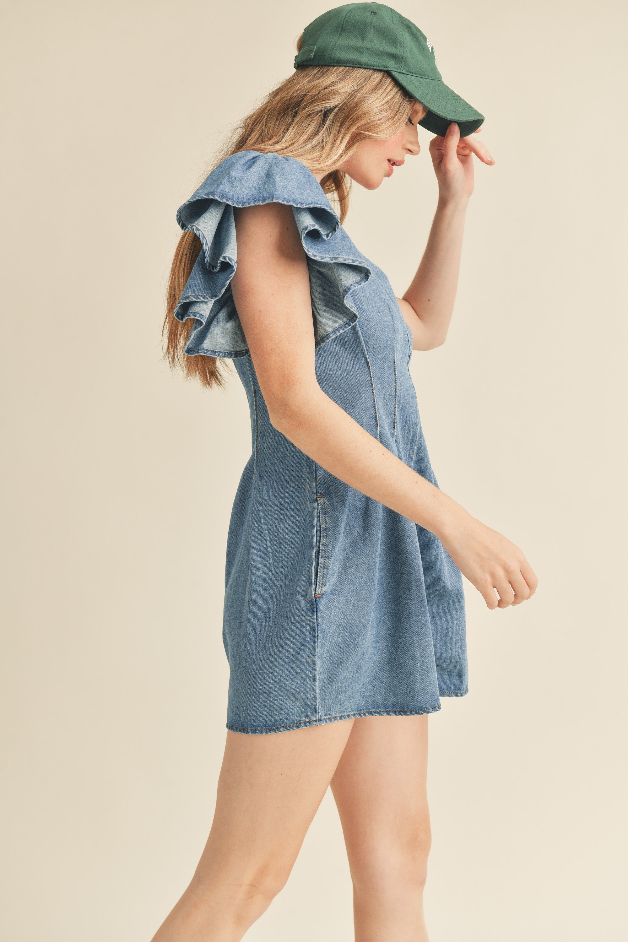 Ruffle Sleeve Denim Romper
